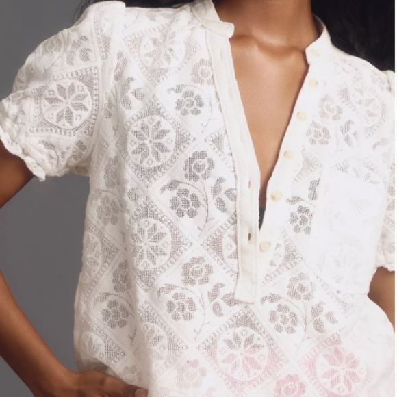 Pilcro by Anthropologie The Aly Puff-Sleeve Sheer Blouse Off White Size LP - Picture 2 of 8